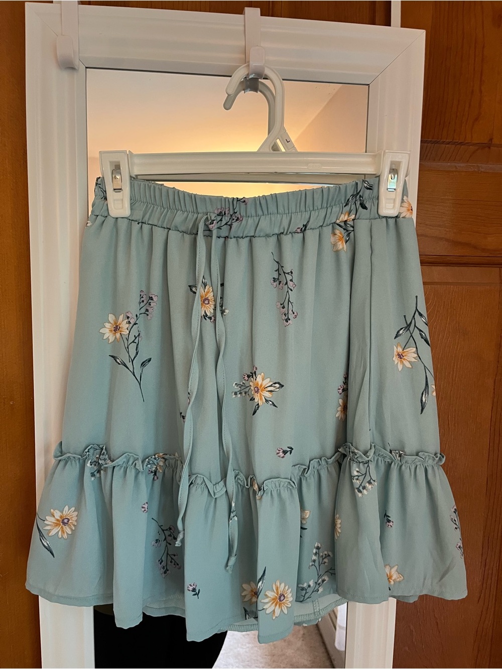 Blue Rain Floral Ruffle Skater Skirt in Light Teal